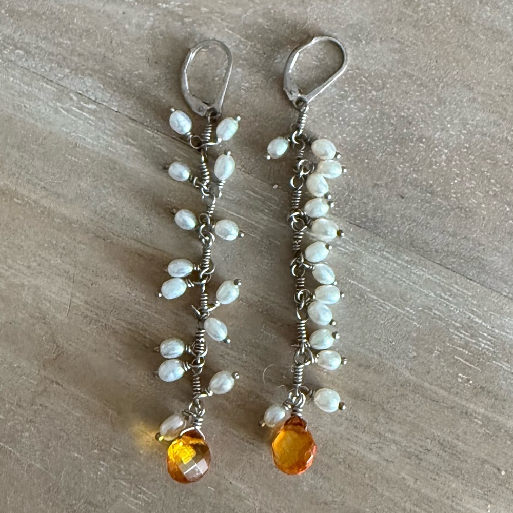 Pearl and yellow gem stone earrings